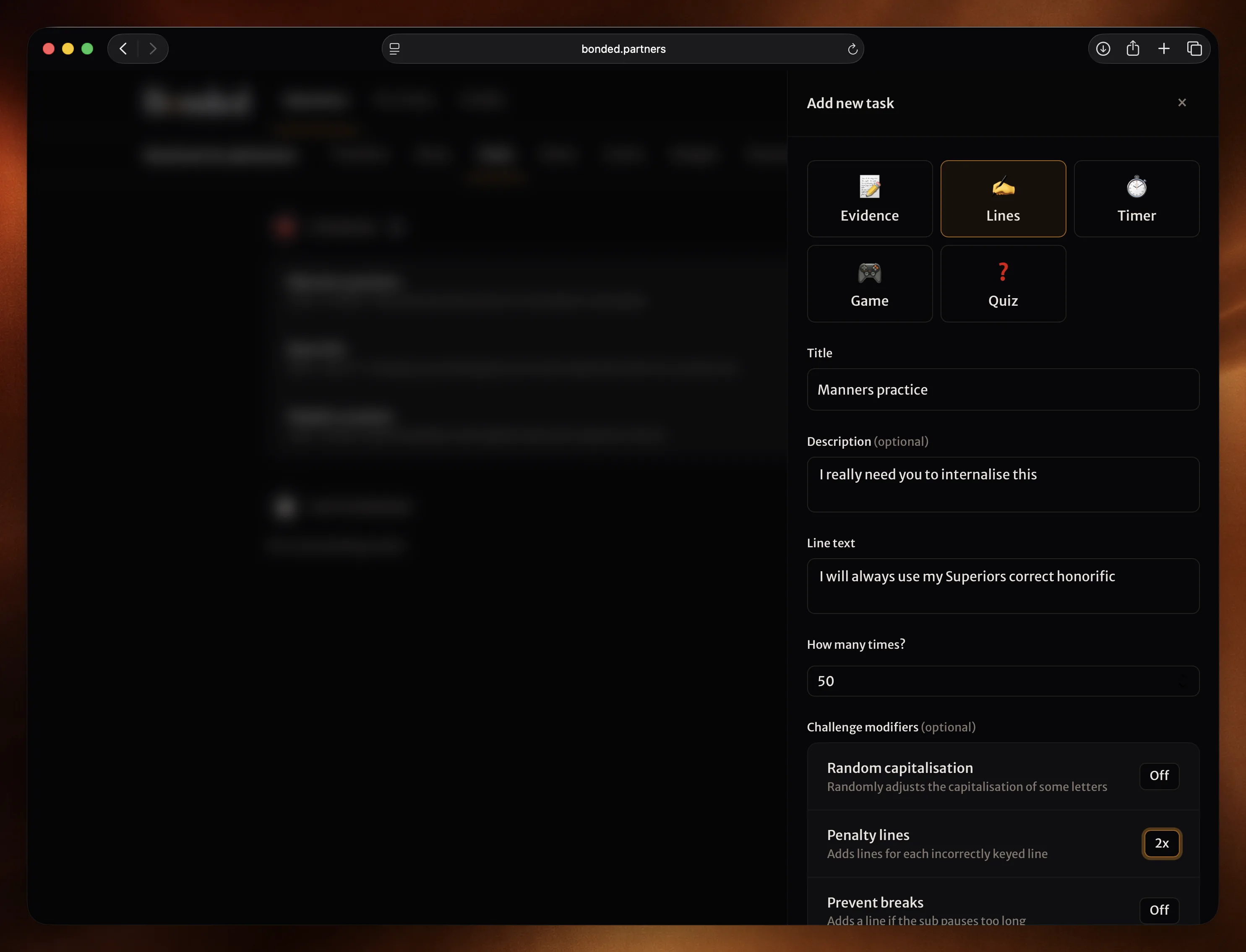 Task creation panel showing task type options