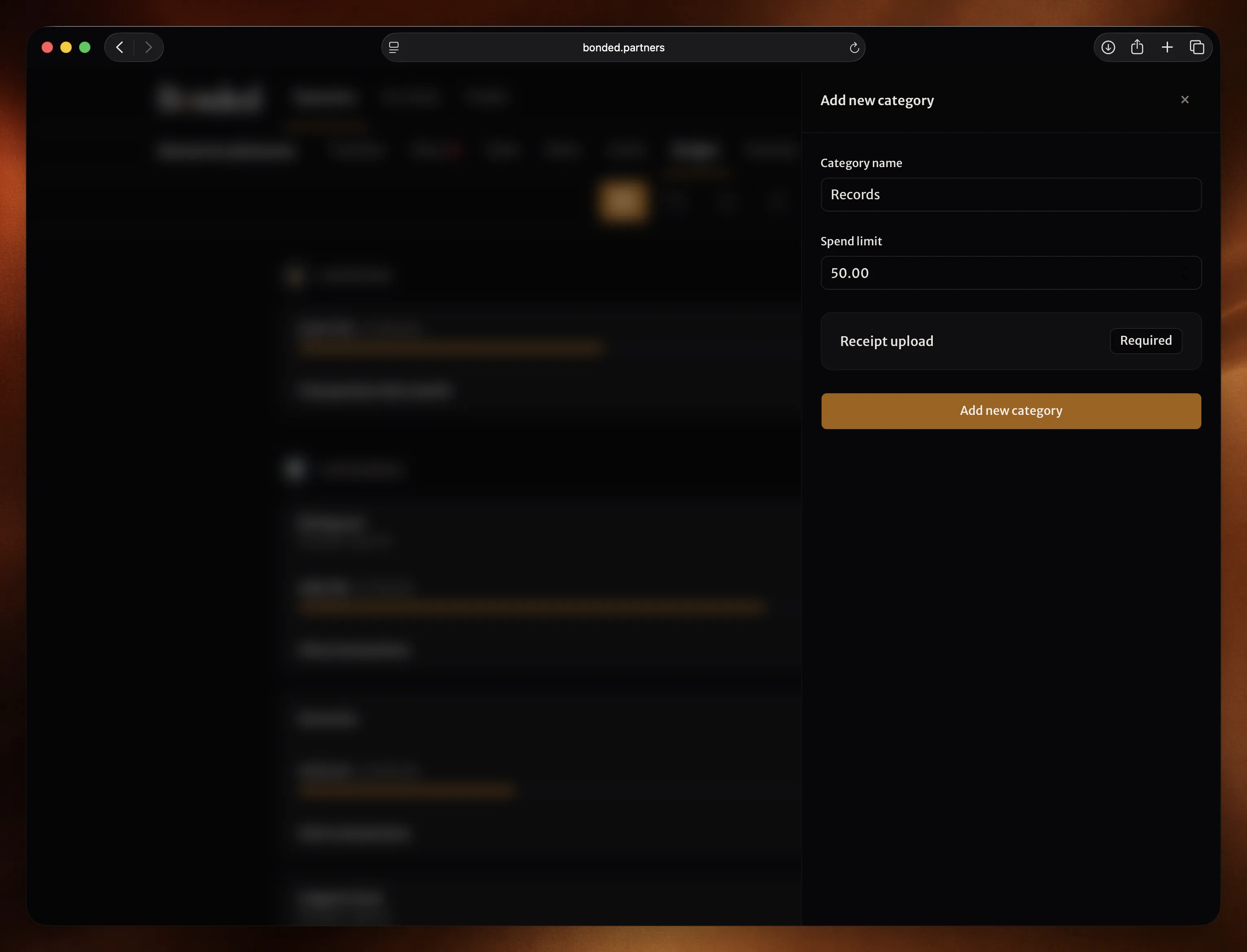 Creating a budget category with name, limit, and receipt toggle