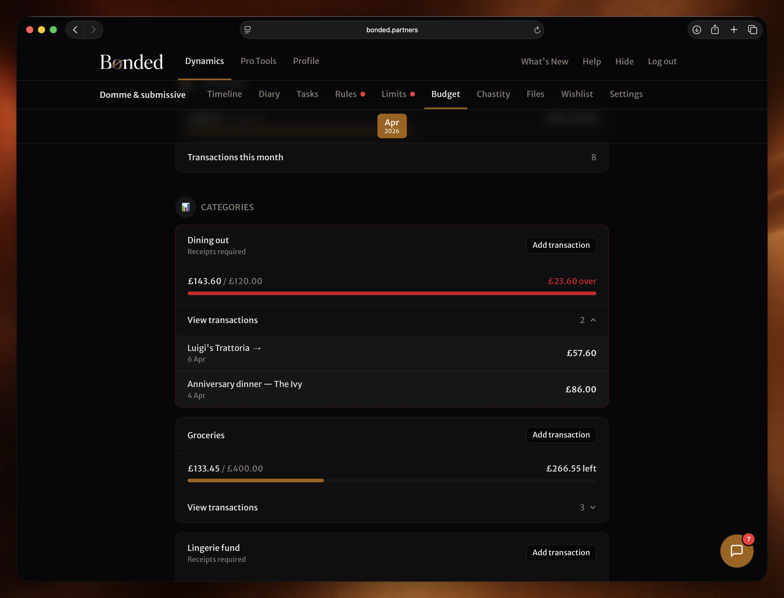 Spending progress across all categories