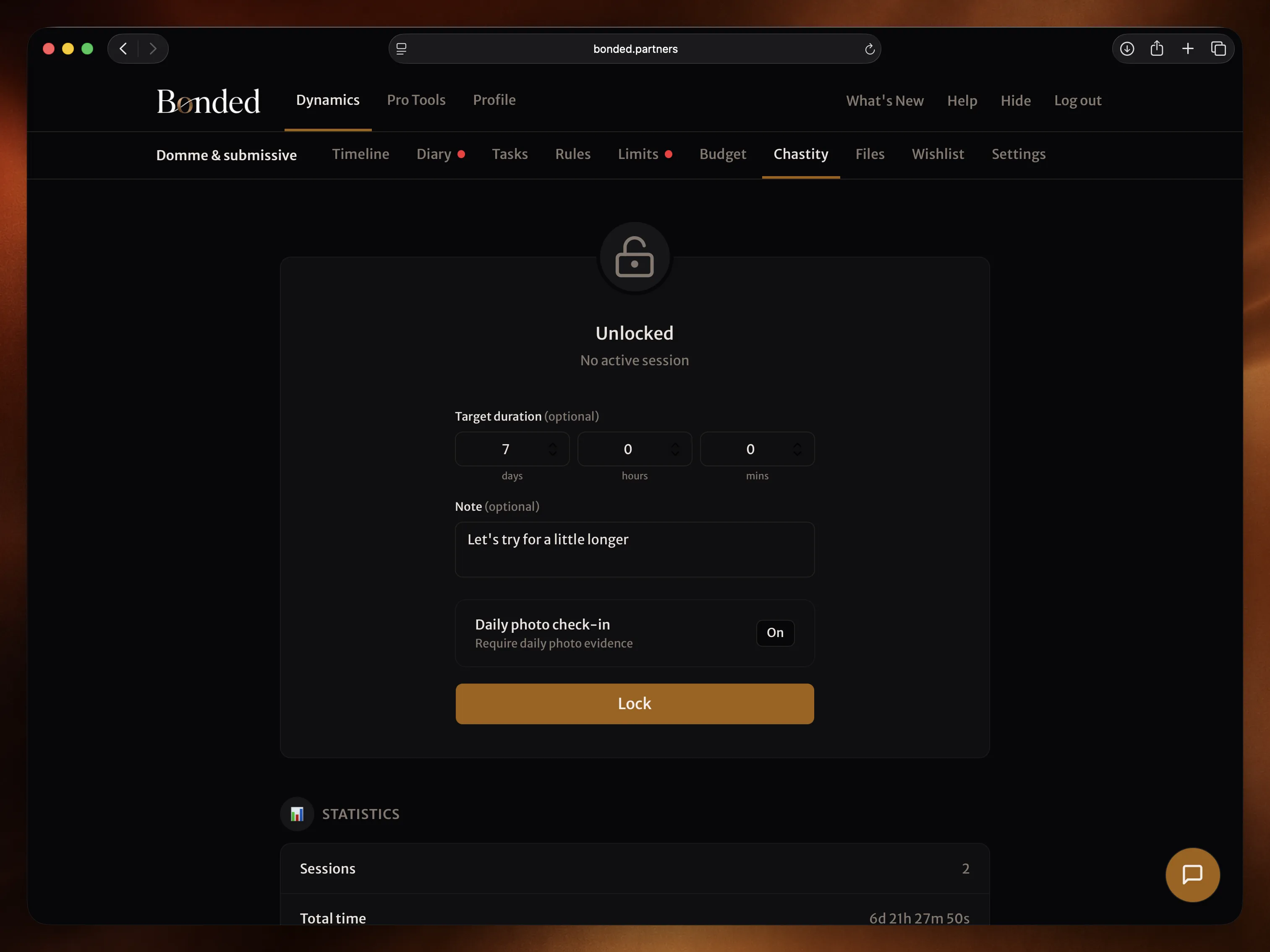 Lock controls with note field, target duration, and daily photo toggle