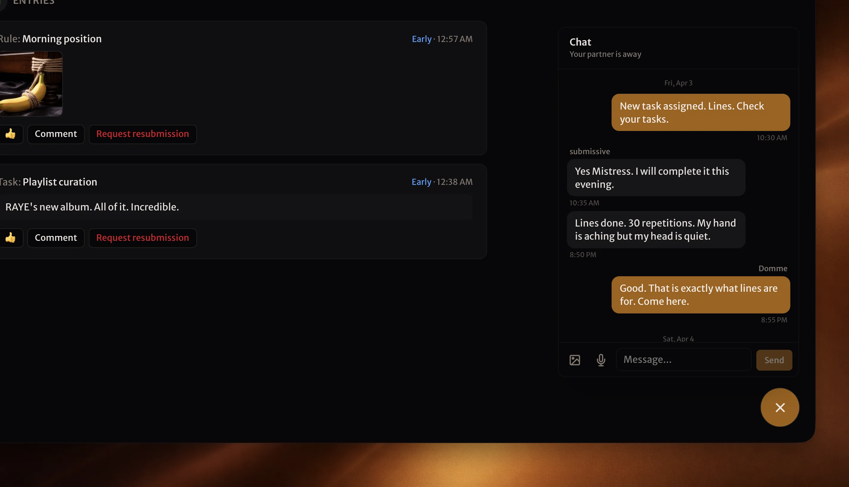 A conversation between Dom(me) and submissive