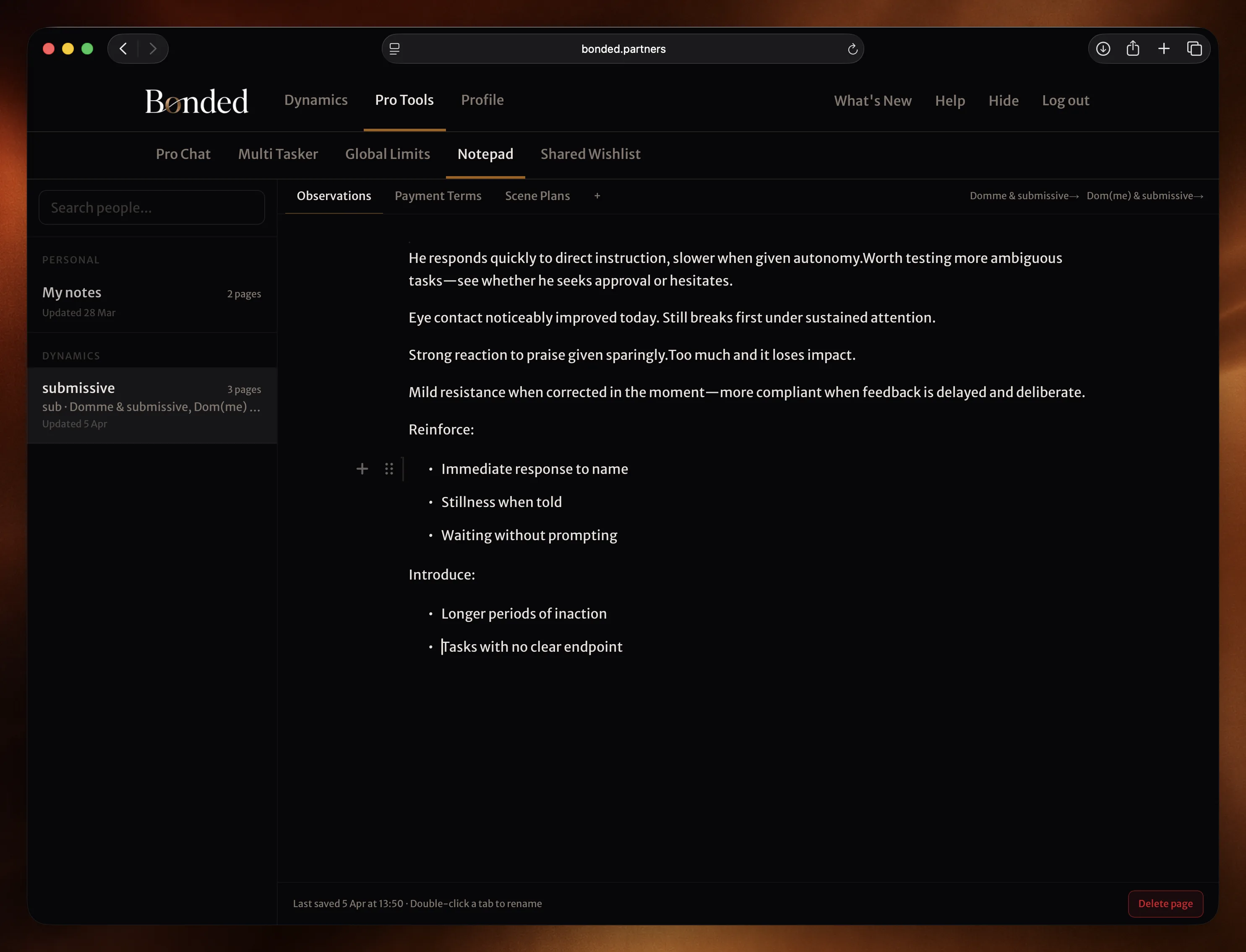 Notepad showing person list, tabbed pages, and rich text editor with notes