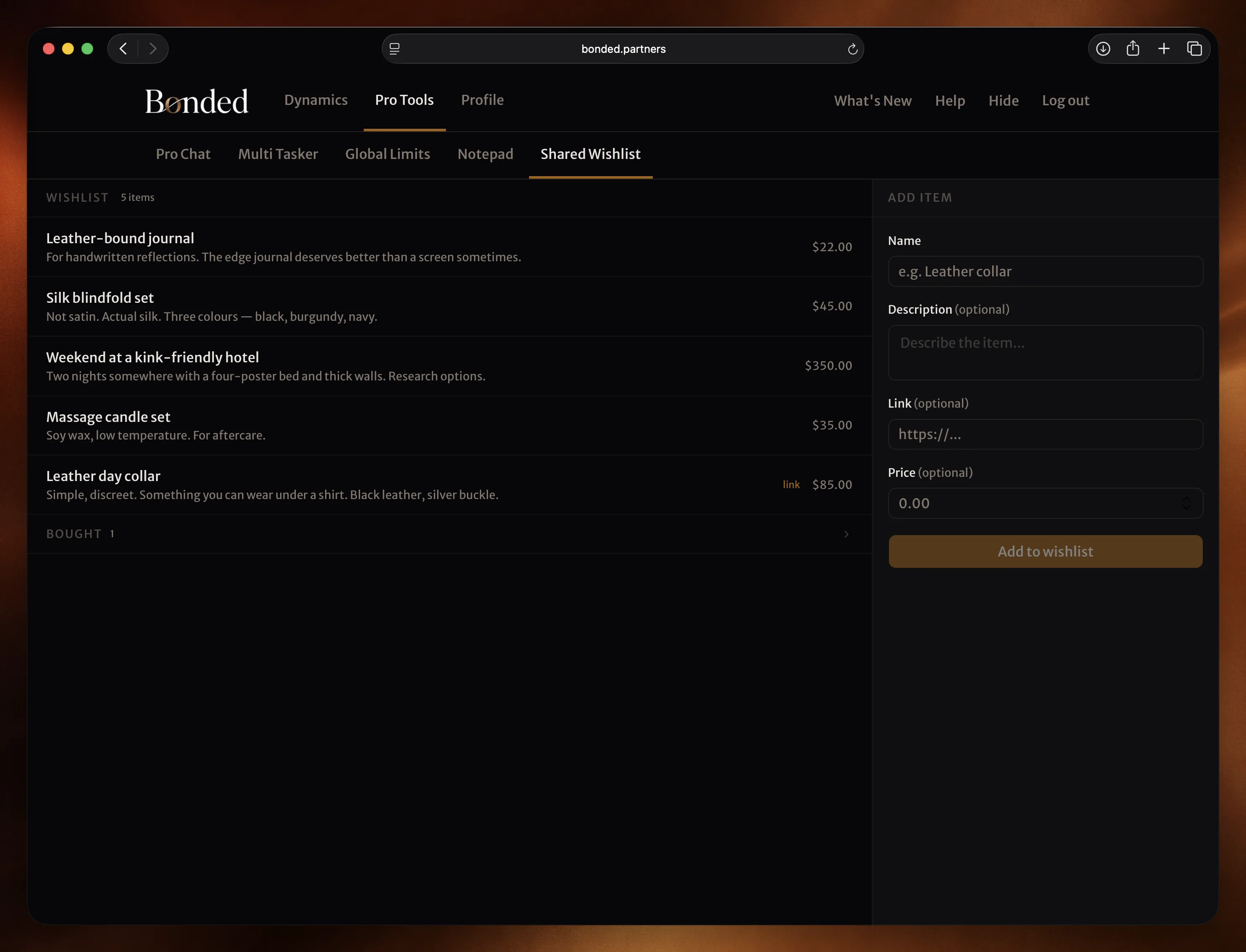 Shared Wishlist showing item list with prices and a bought section