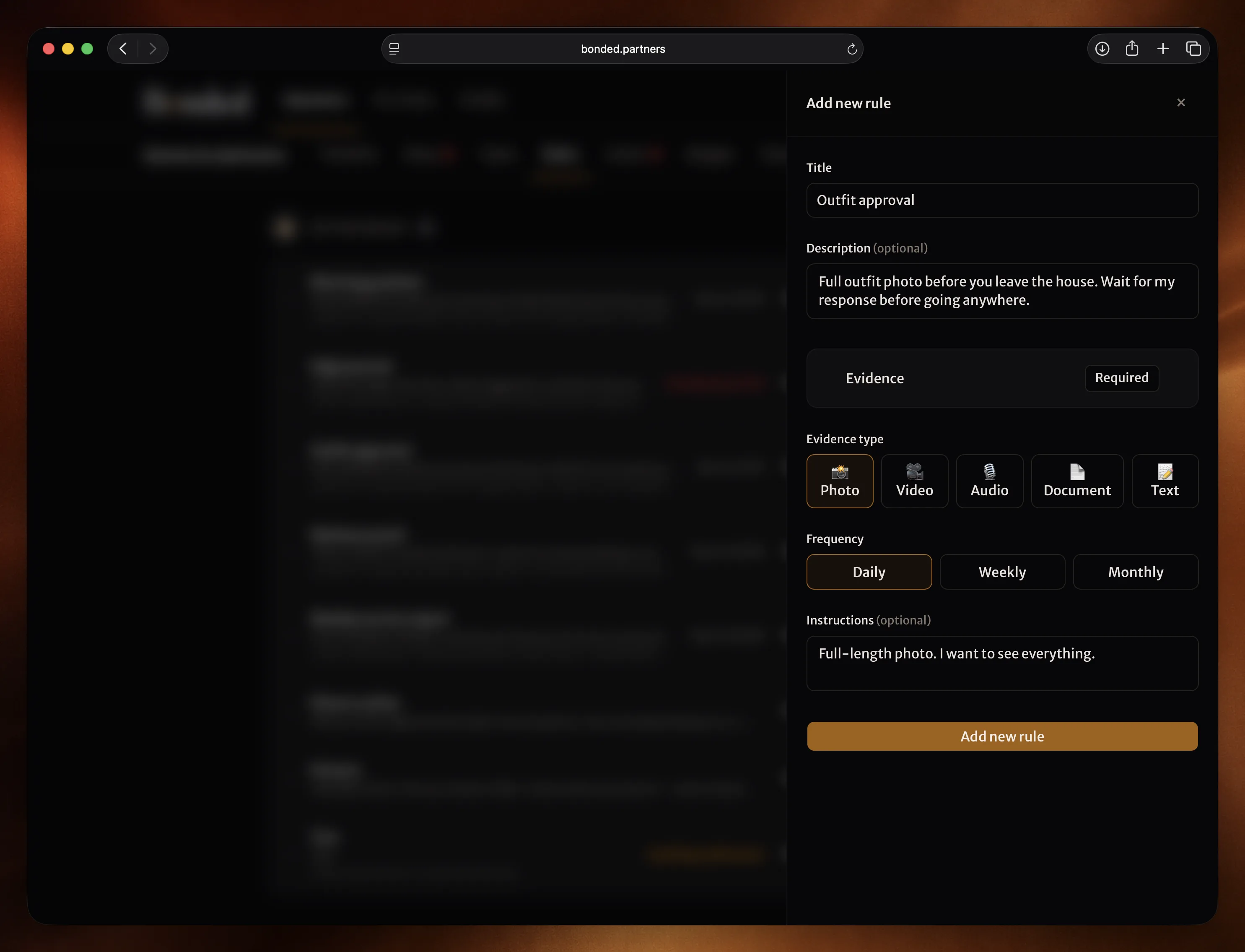 Creating a new rule with evidence type options and schedule settings