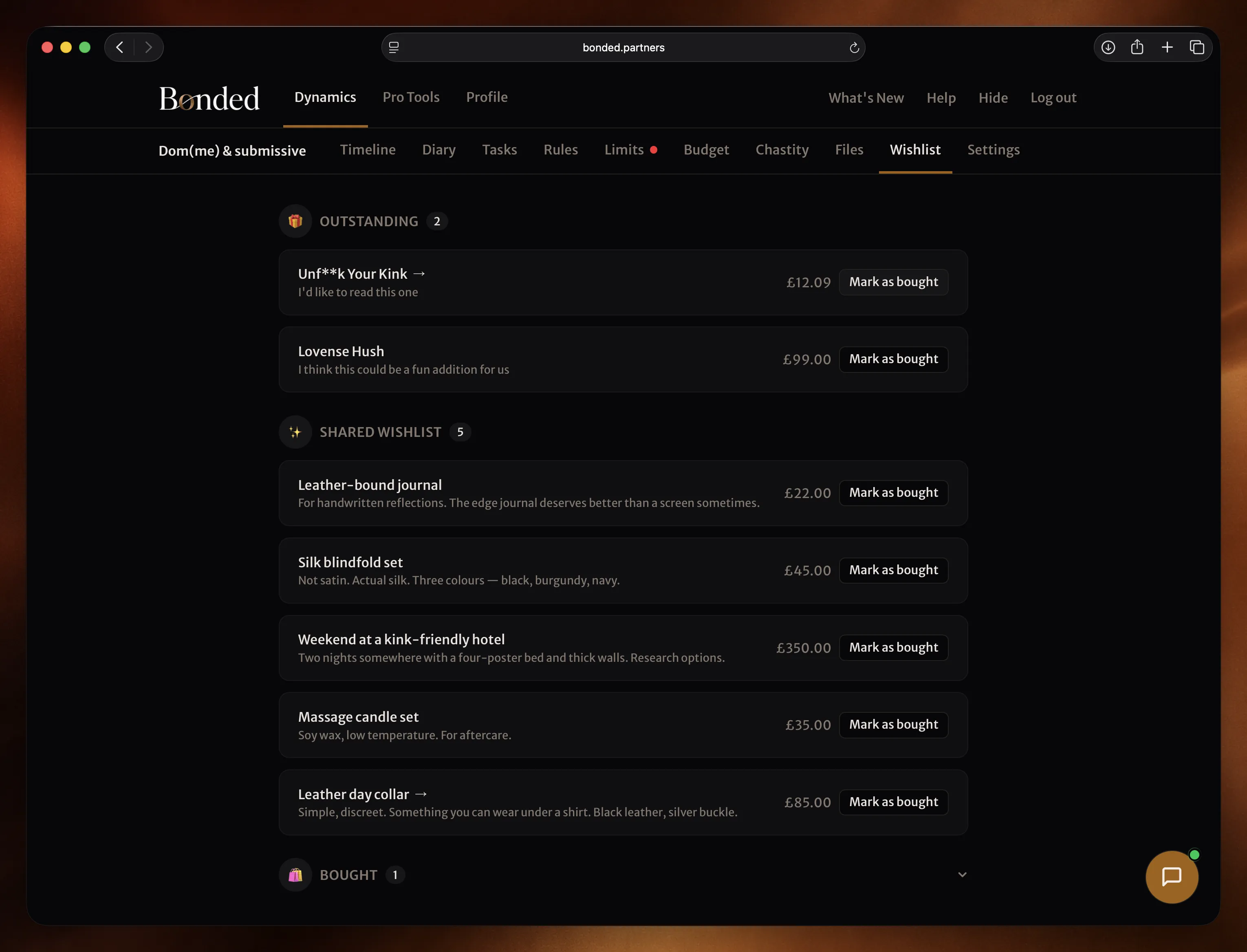 Browsing the wishlist as a submissive, with links and prices visible