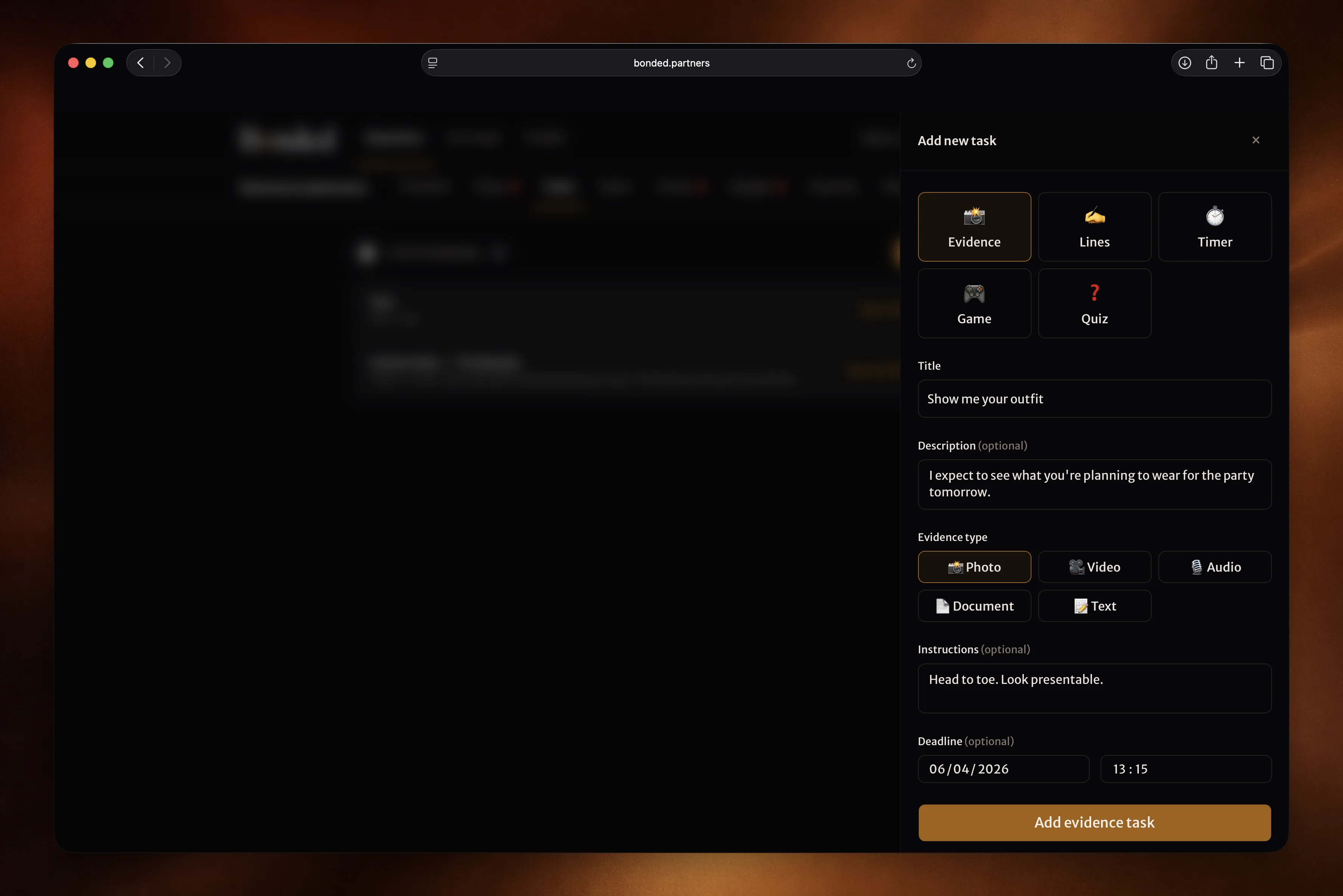 Task creation panel with type options