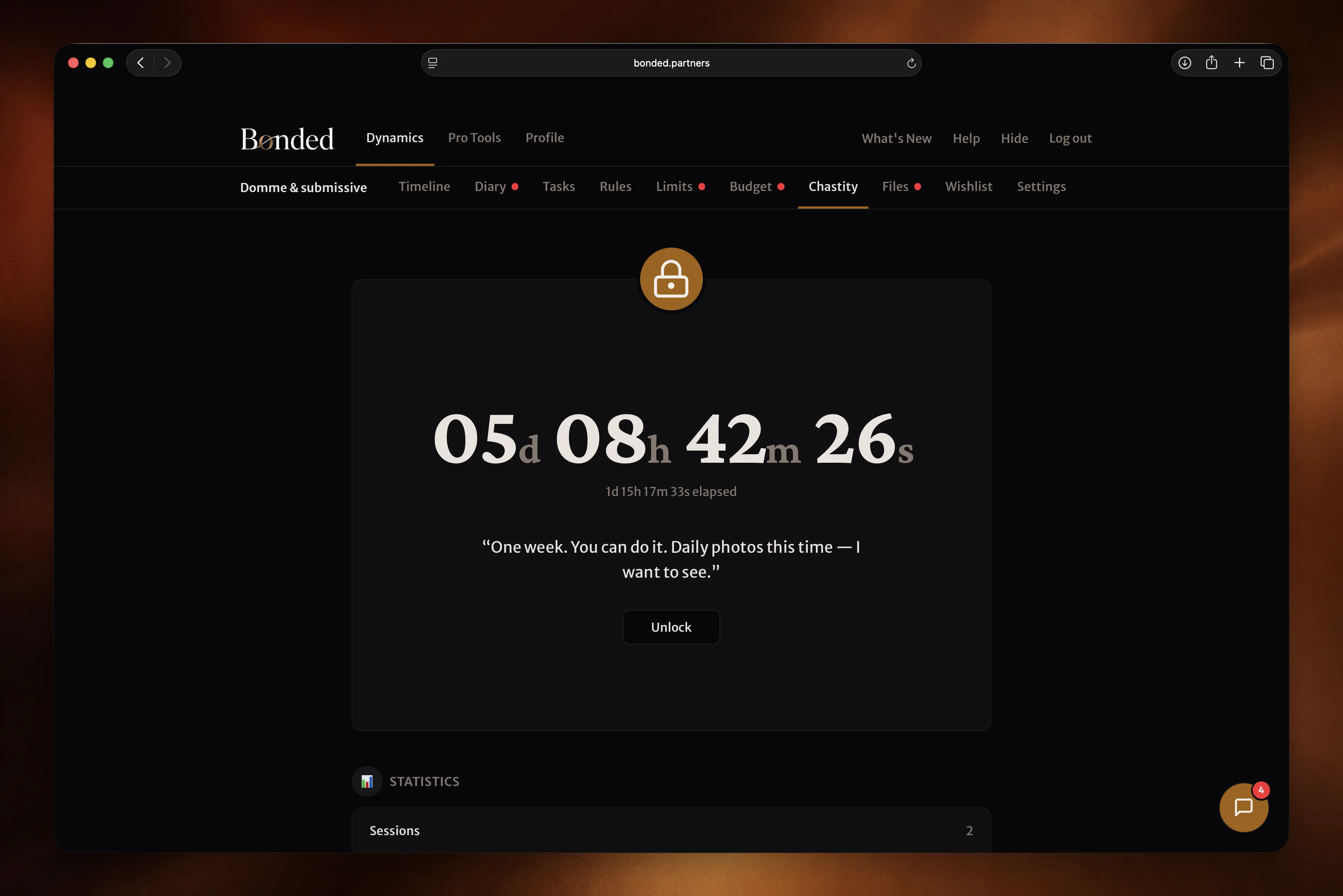 Chastity timer showing session duration and lock status