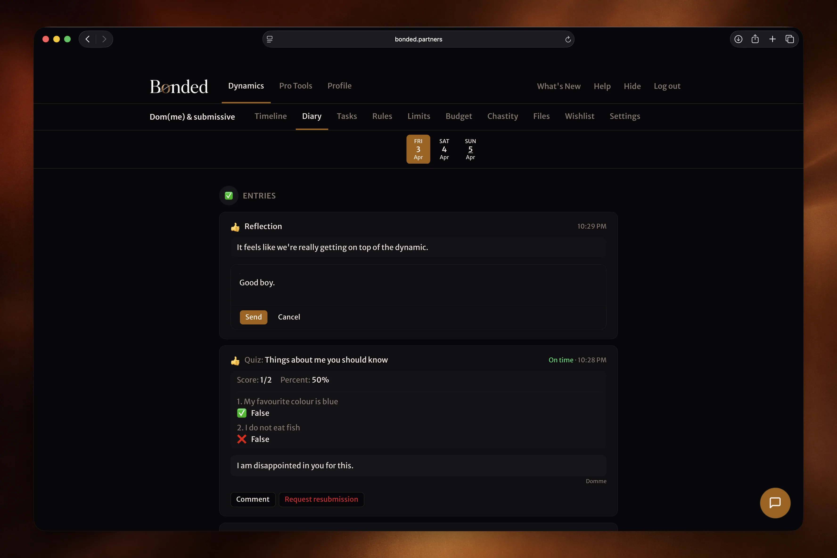 Diary view with submitted evidence and Dom comment
