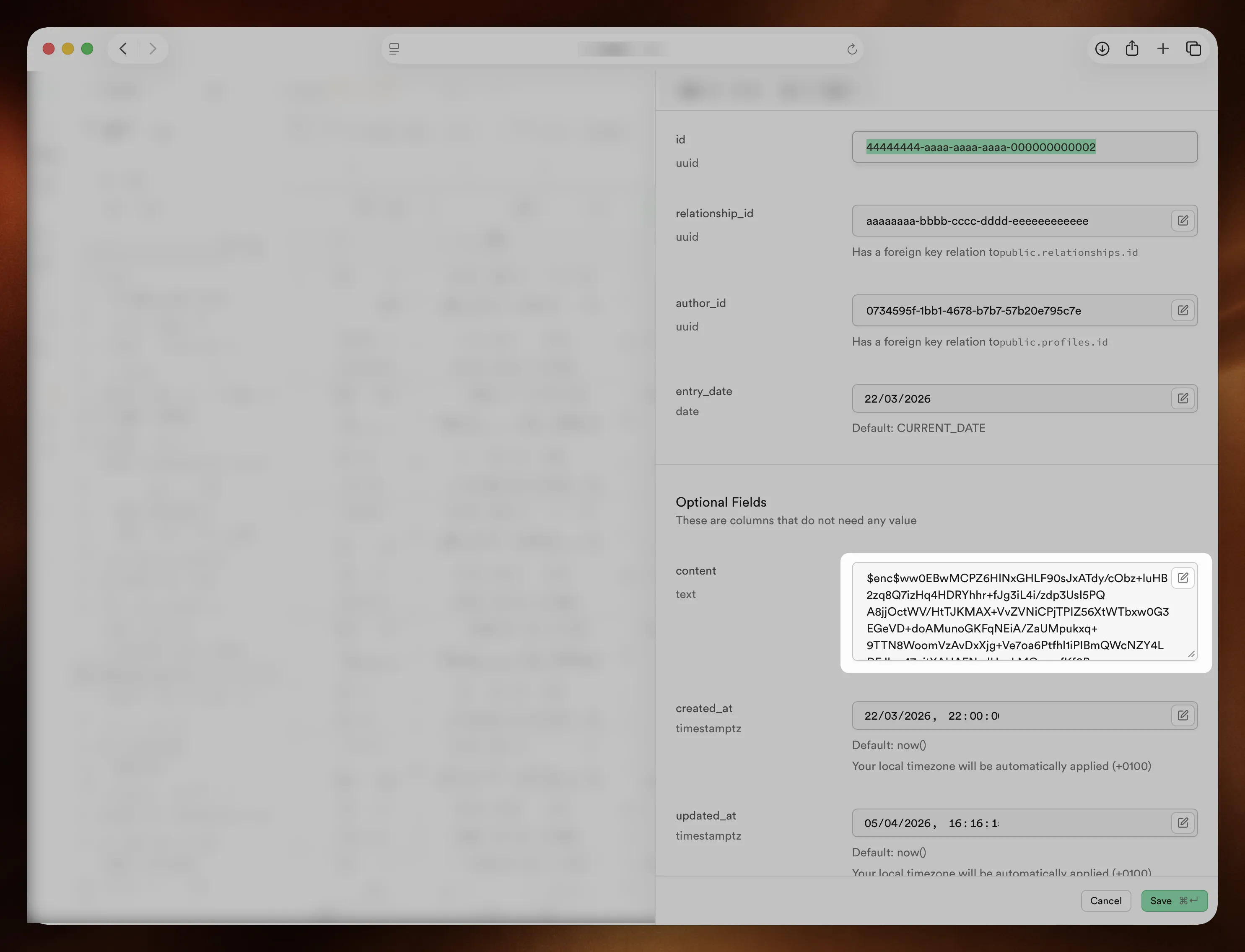 A diary entry in the Supabase database editor — the content field shows only encrypted ciphertext