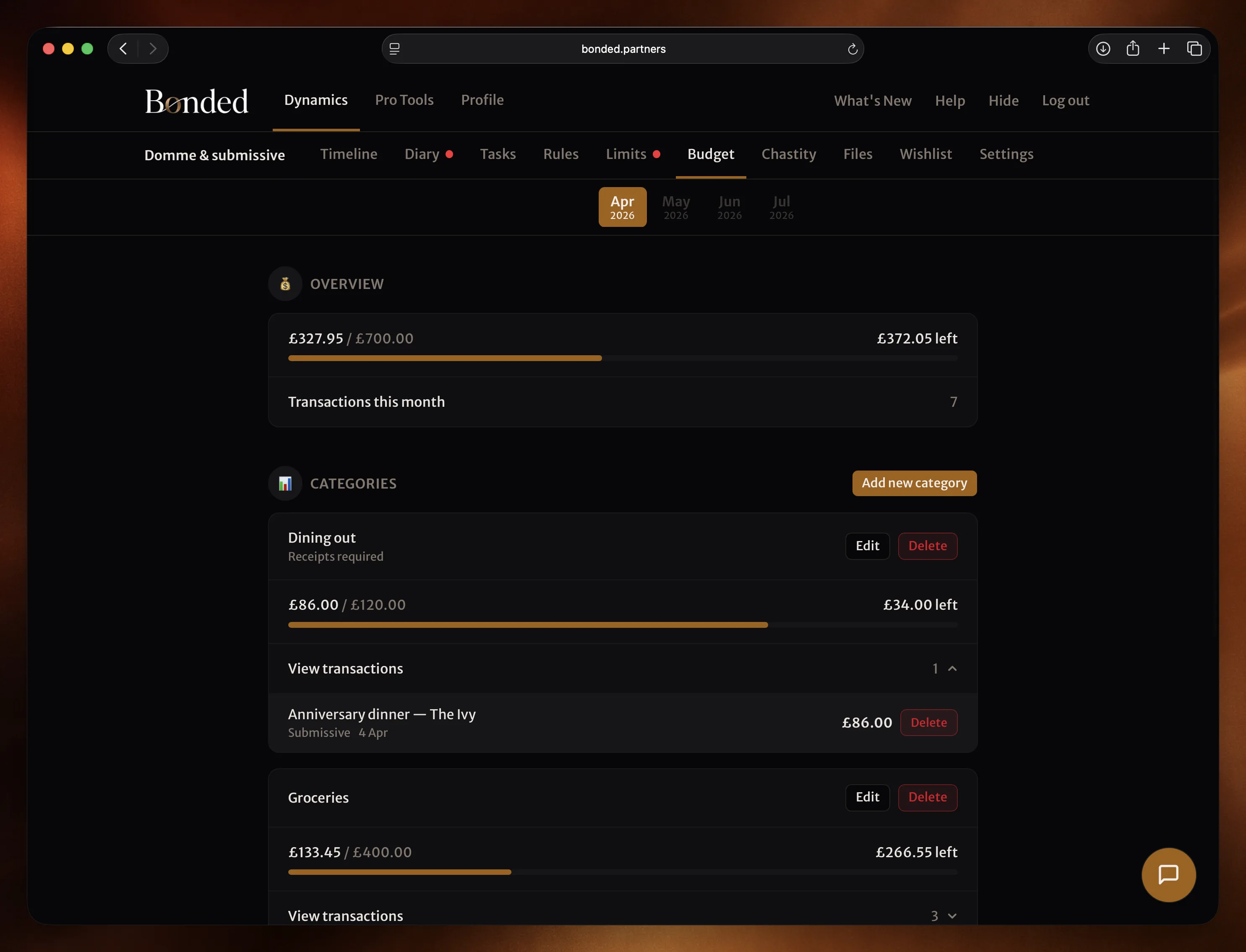 Budget category card showing spend progress bar and itemised spends