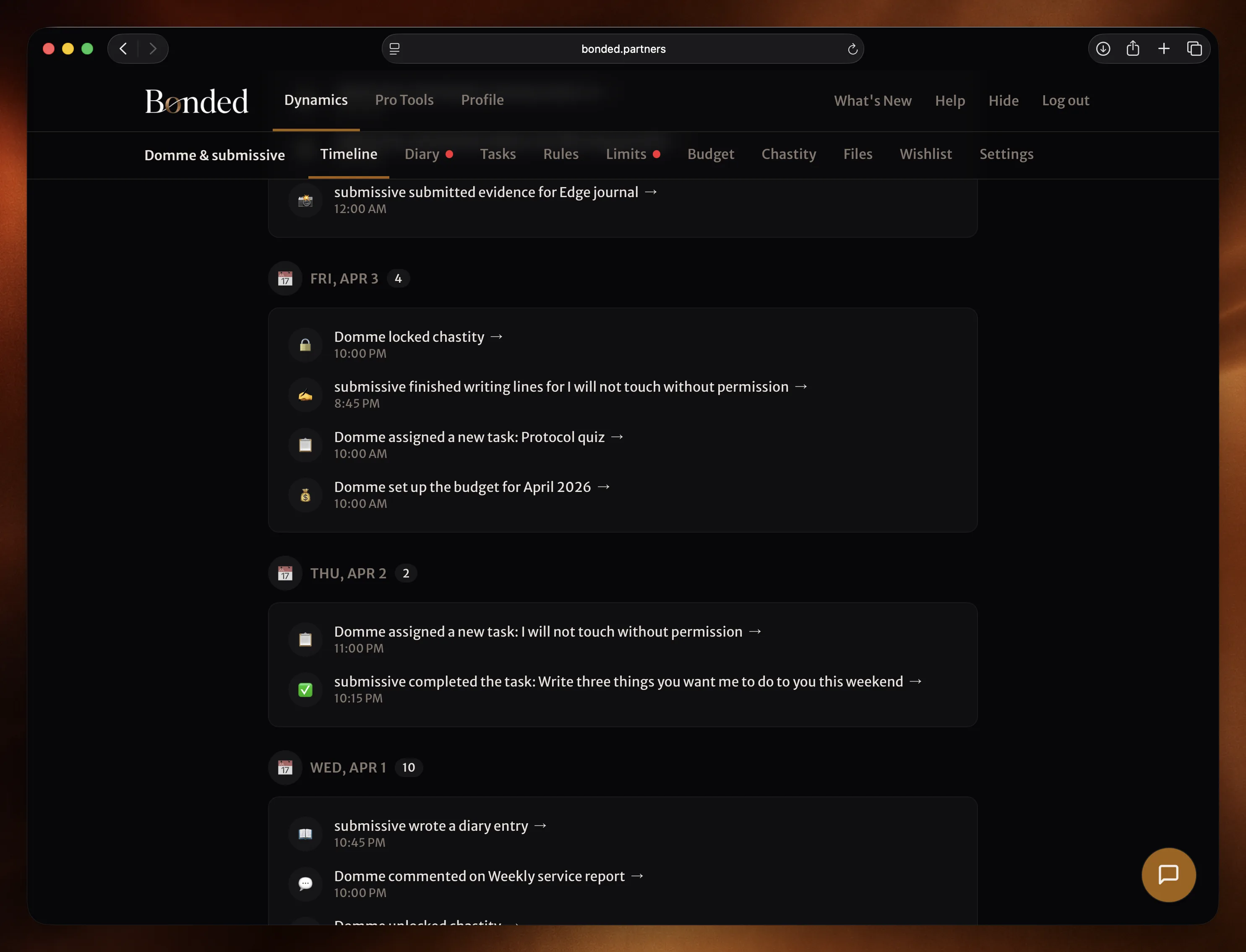Timeline view showing date-grouped events