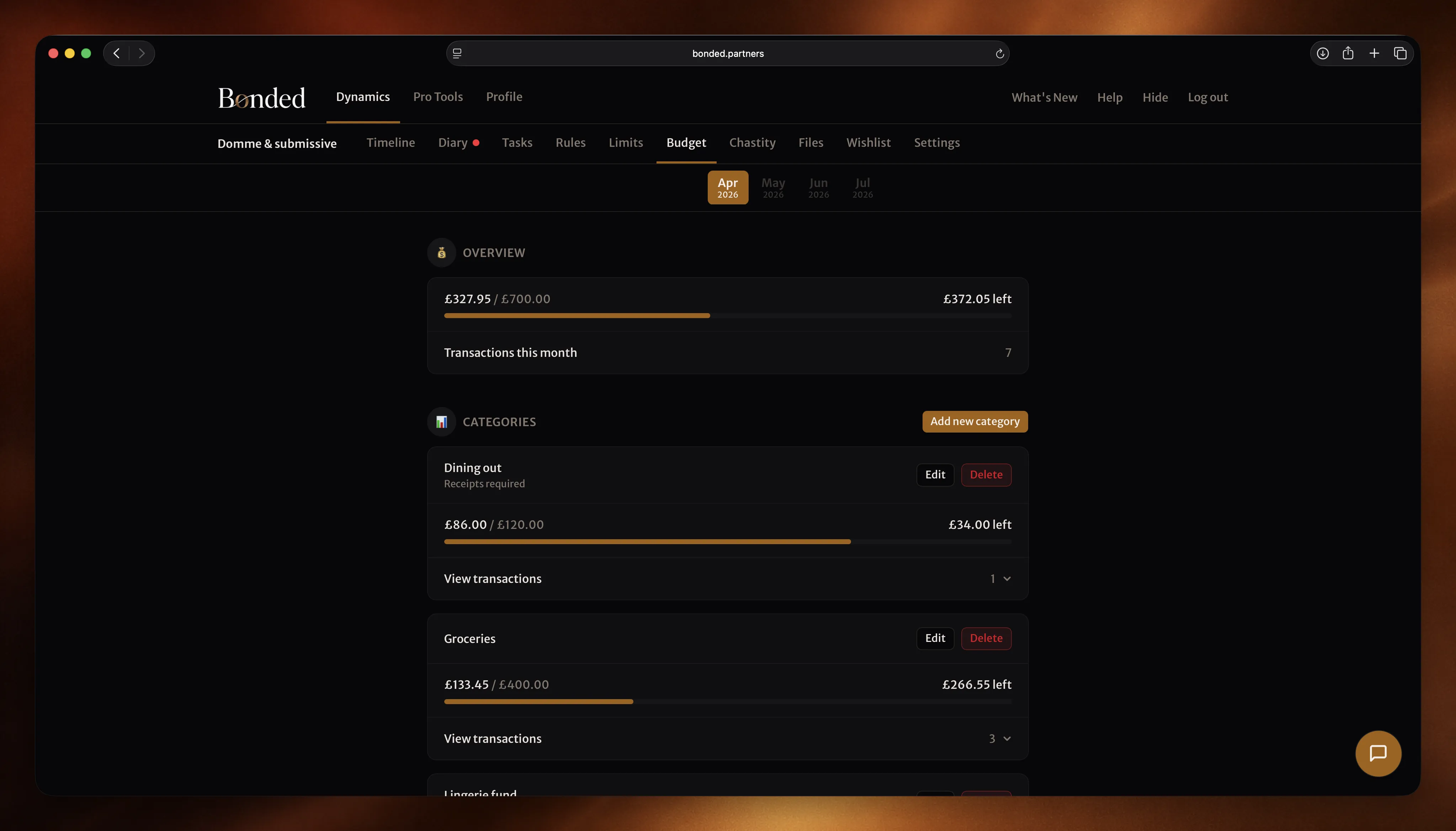 Monthly budget overview with spending progress bars
