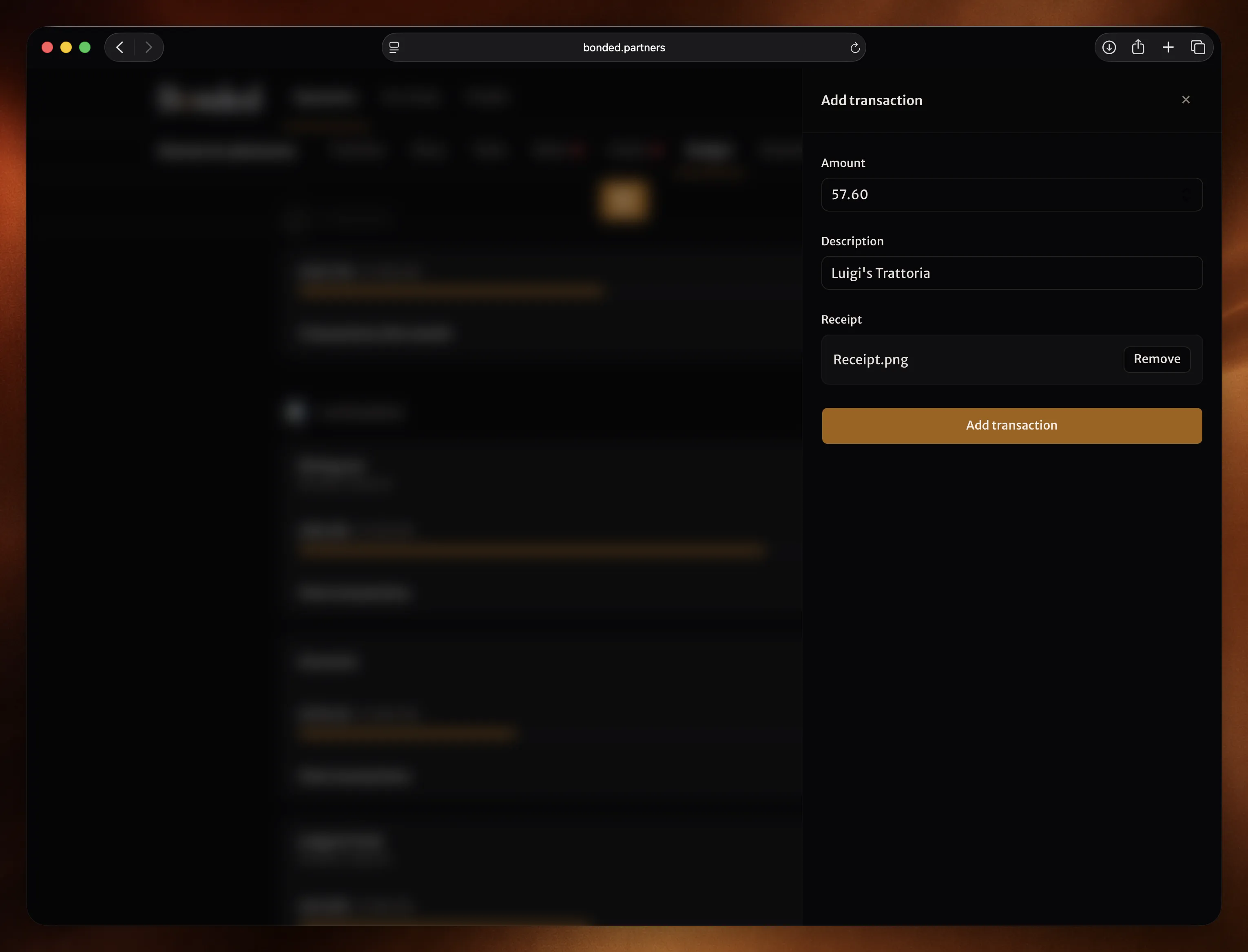 Logging a purchase with amount, description, and receipt photo