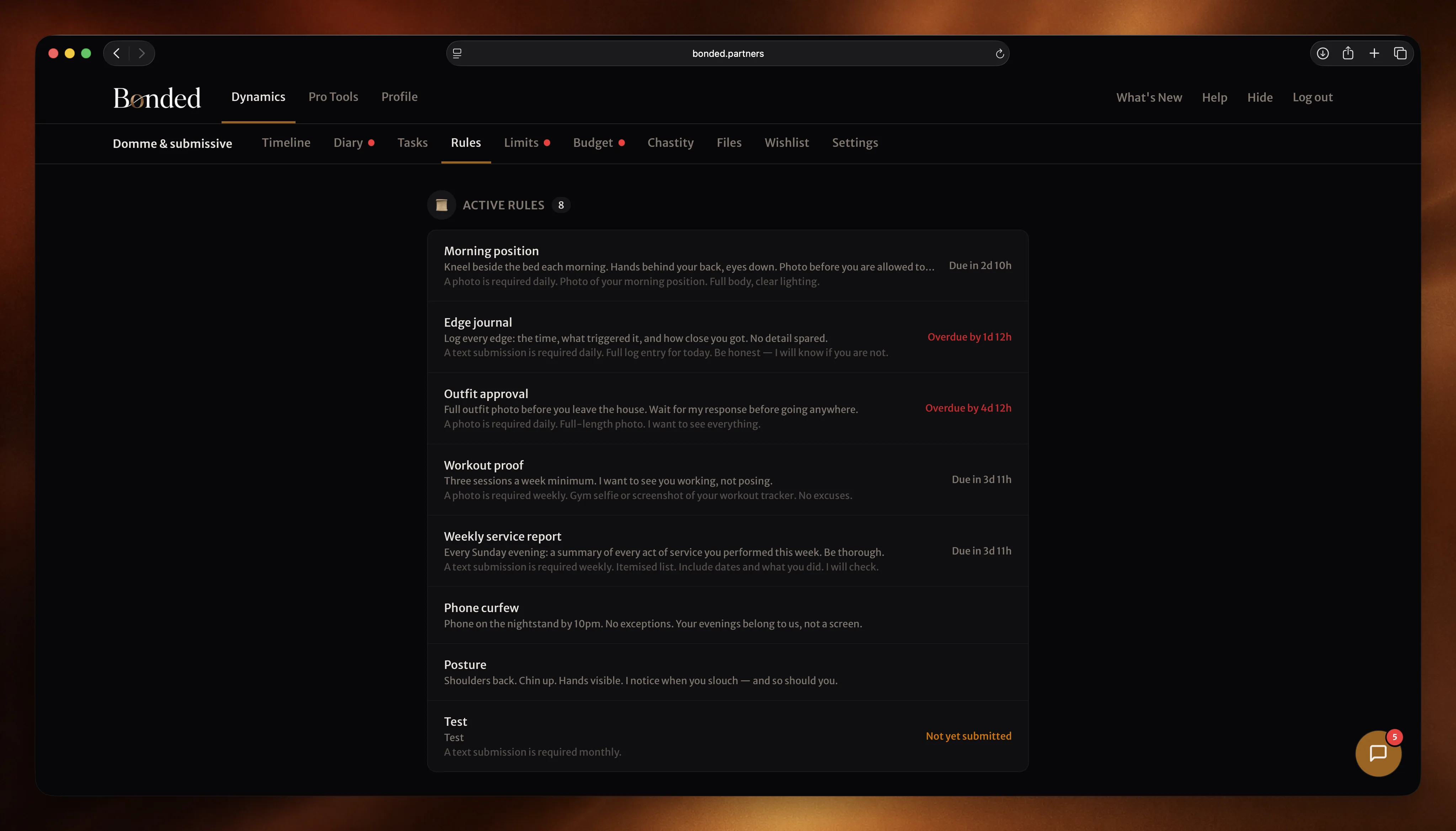 Rules list with evidence status indicators and due dates